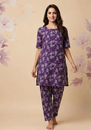 Women's Purple Floral Print Cotton Co-Ord Set