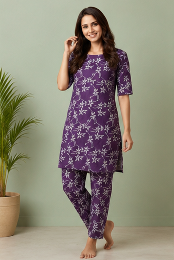 Women's Purple Floral Print Cotton Co-Ord Set
