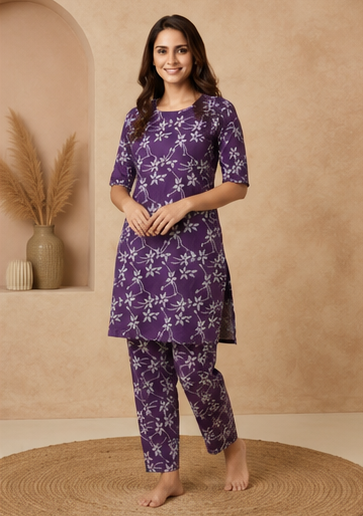 Women's Purple Floral Print Cotton Co-Ord Set