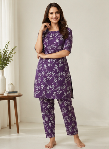 Women's Purple Floral Print Cotton Co-Ord Set