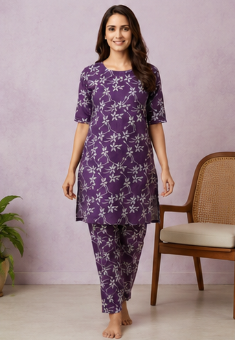 Women's Purple Floral Print Cotton Co-Ord Set