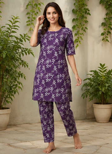 Women's Purple Floral Print Cotton Co-Ord Set