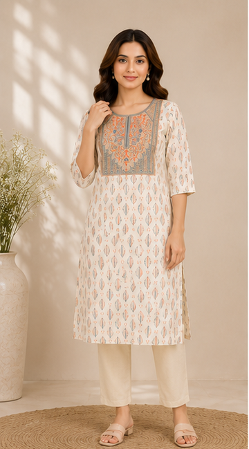 Women's Ivory Cotton Printed Straight Kurta