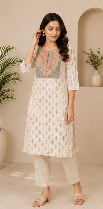 Women's Ivory Cotton Printed Straight Kurta