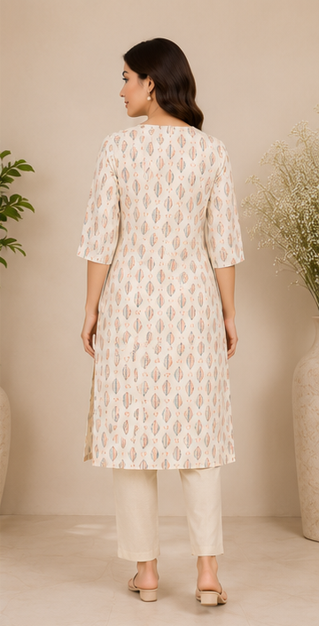Women's Ivory Cotton Printed Straight Kurta