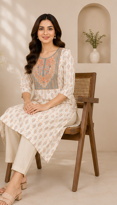 Women's Ivory Cotton Printed Straight Kurta
