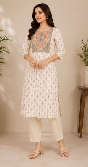 Women's Ivory Cotton Printed Straight Kurta