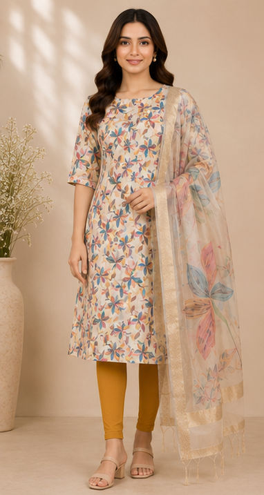 Women's Floral Printed Cotton Blend Straight Kurta with Printed Dupatta &amp; Solid Mustard Leggings