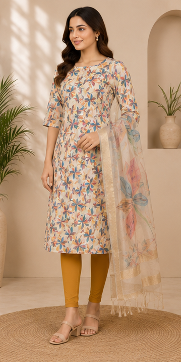 Women's Floral Printed Cotton Blend Straight Kurta with Printed Dupatta &amp; Solid Mustard Leggings