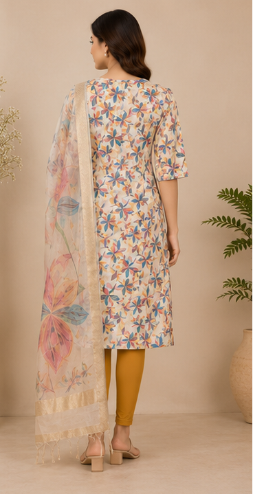 Women's Floral Printed Cotton Blend Straight Kurta with Printed Dupatta &amp; Solid Mustard Leggings