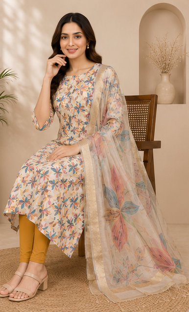 Women's Floral Printed Cotton Blend Straight Kurta with Printed Dupatta &amp; Solid Mustard Leggings