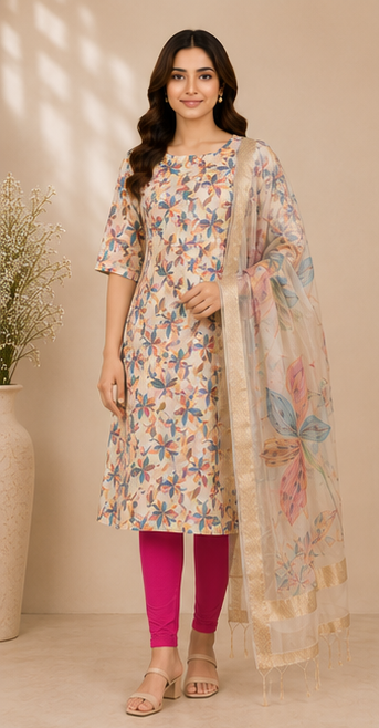 Women's Floral Printed Cotton Blend Straight Kurta with Dupatta &amp; Solid Pink Leggings