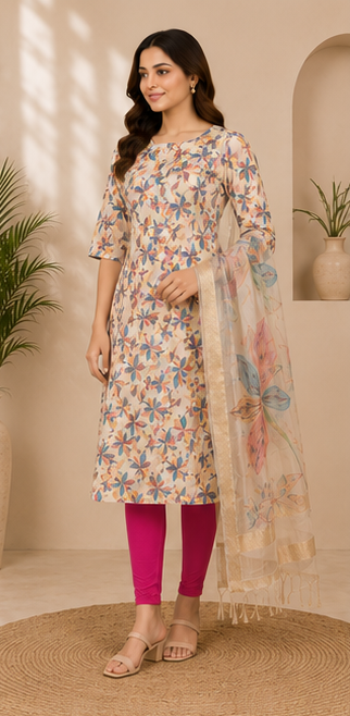 Women's Floral Printed Cotton Blend Straight Kurta with Dupatta &amp; Solid Pink Leggings