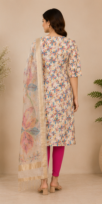 Women's Floral Printed Cotton Blend Straight Kurta with Dupatta &amp; Solid Pink Leggings