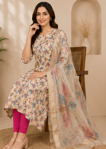 Women's Floral Printed Cotton Blend Straight Kurta with Dupatta &amp; Solid Pink Leggings