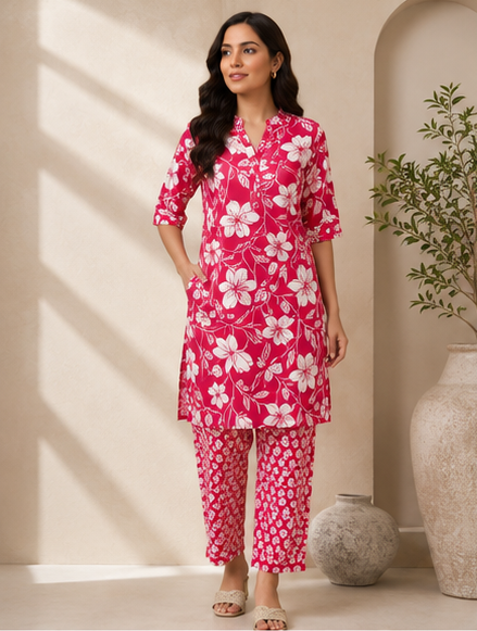 Women's Red Cotton Printed Co-ord Set