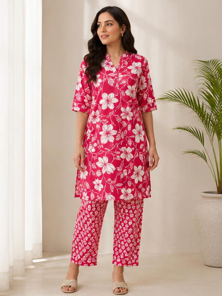 Women's Red Cotton Printed Co-ord Set