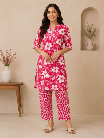 Women's Red Cotton Printed Co-ord Set