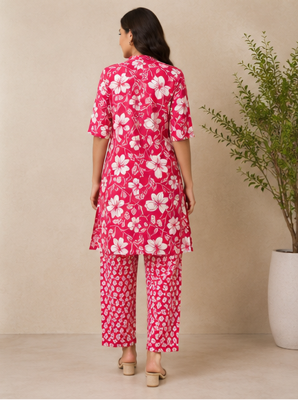 Women's Red Cotton Printed Co-ord Set
