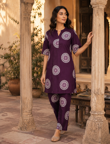 Women's Purple Cotton Printed Co-Ord Set