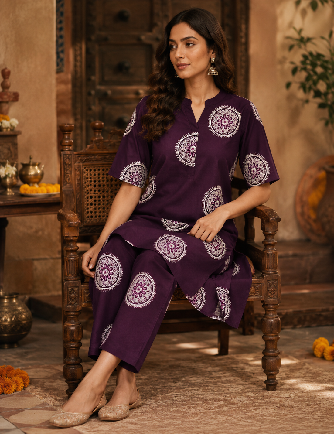 Women's Purple Cotton Printed Co-Ord Set