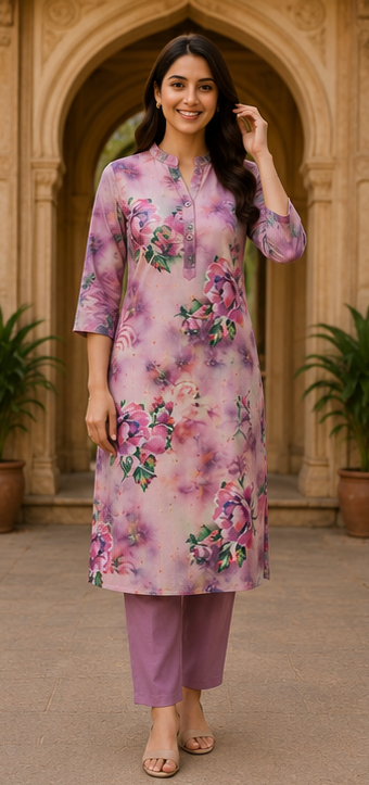 Lavender Rose Printed Soft Cotton Co-Ord Set for Women