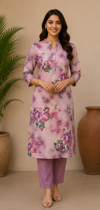 Lavender Rose Printed Soft Cotton Co-Ord Set for Women