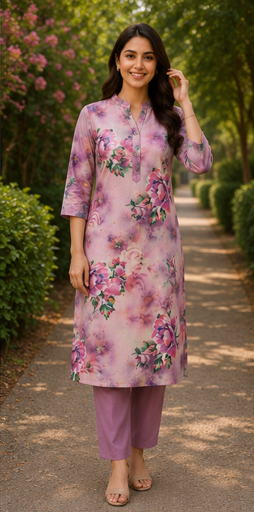 Lavender Rose Printed Soft Cotton Co-Ord Set for Women