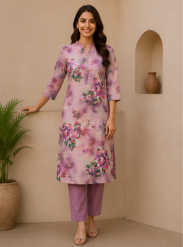 Lavender Rose Printed Soft Cotton Co-Ord Set for Women