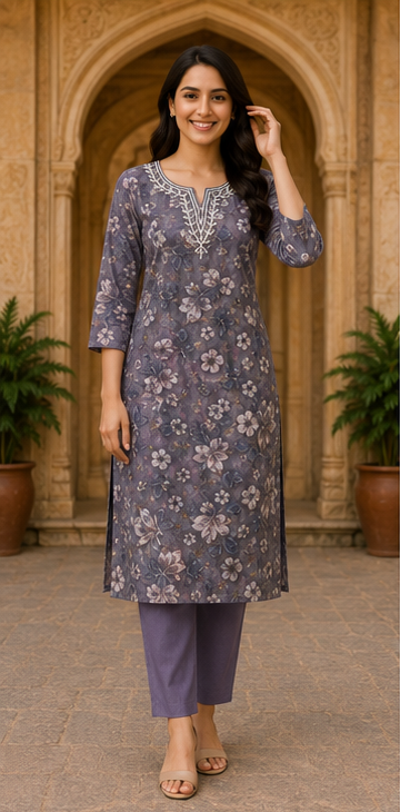 Elegant Floral Printed Soft Cotton Kurta – Lavender Grey