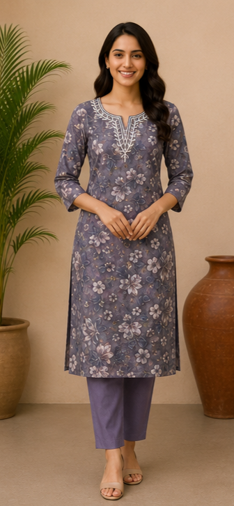 Elegant Floral Printed Soft Cotton Kurta – Lavender Grey