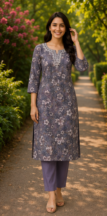 Elegant Floral Printed Soft Cotton Kurta – Lavender Grey
