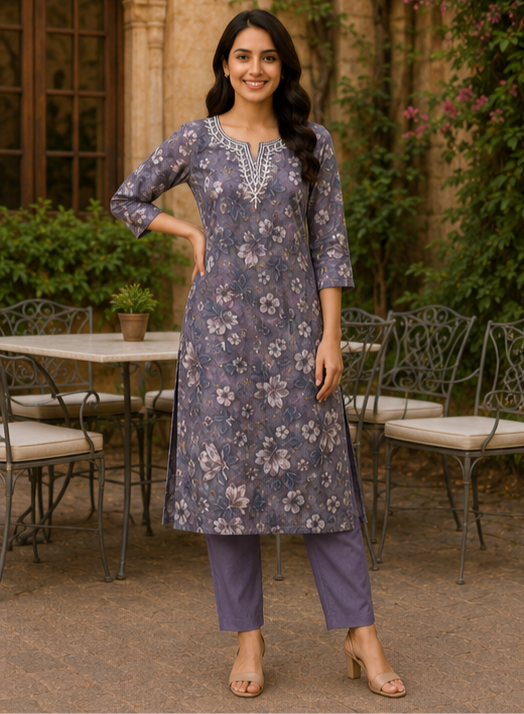 Elegant Floral Printed Soft Cotton Kurta – Lavender Grey