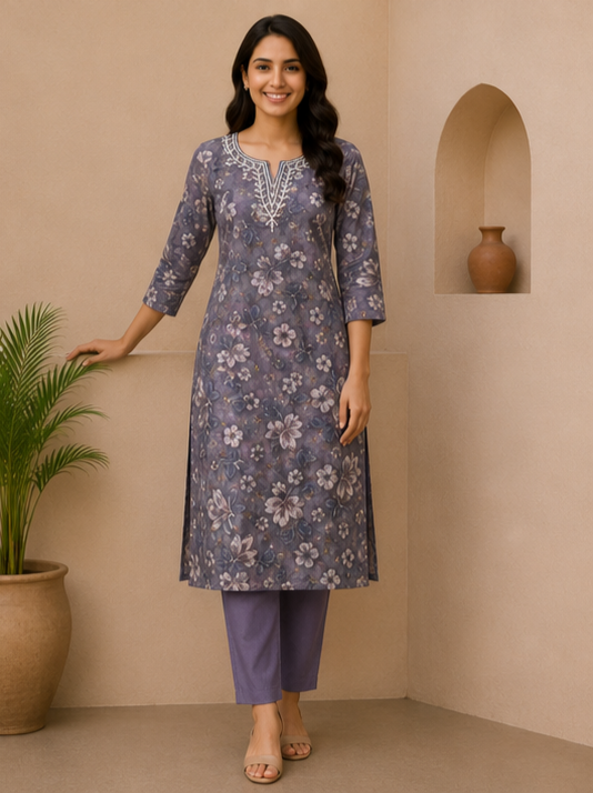 Elegant Floral Printed Soft Cotton Kurta – Lavender Grey