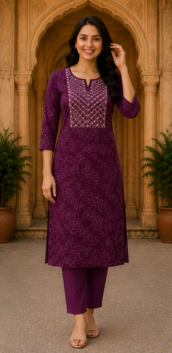 Royal Plum Floral Printed Soft Cotton Kurta for Women