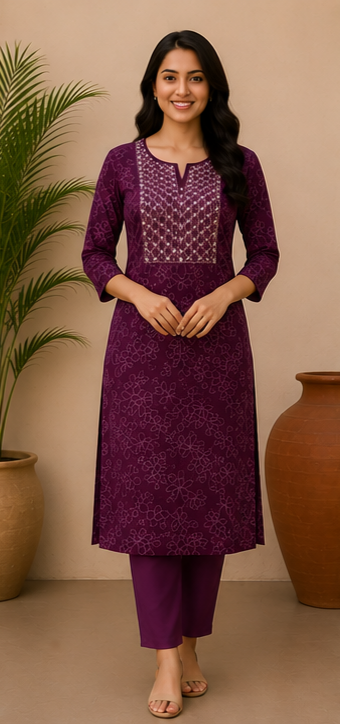 Royal Plum Floral Printed Soft Cotton Kurta for Women