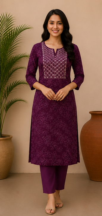 Royal Plum Floral Printed Soft Cotton Kurta for Women