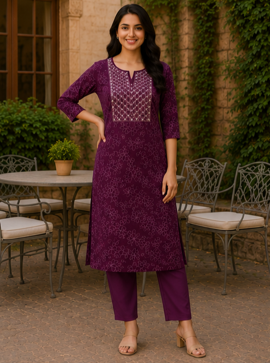 Royal Plum Floral Printed Soft Cotton Kurta for Women