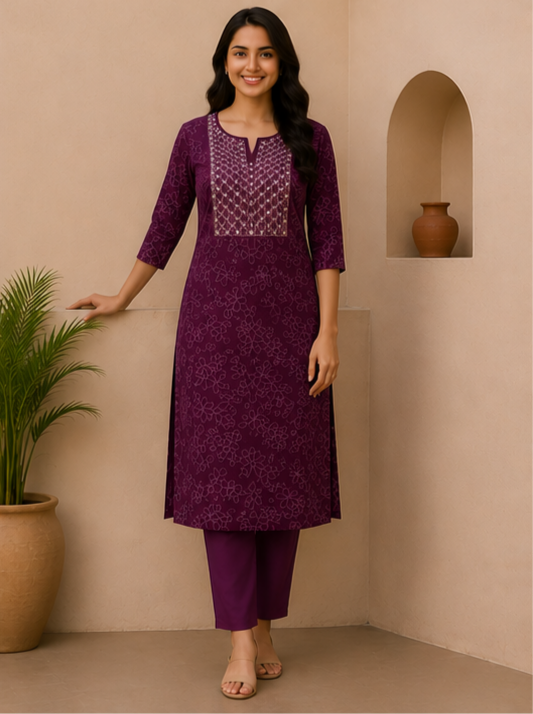 Royal Plum Floral Printed Soft Cotton Kurta for Women