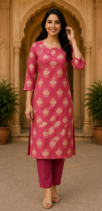 Rose Pink Ethnic Printed Soft Cotton Kurta for Women
