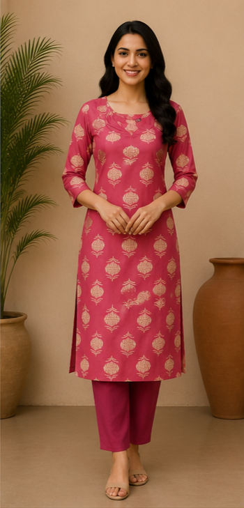 Rose Pink Ethnic Printed Soft Cotton Kurta for Women