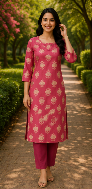 Rose Pink Ethnic Printed Soft Cotton Kurta for Women