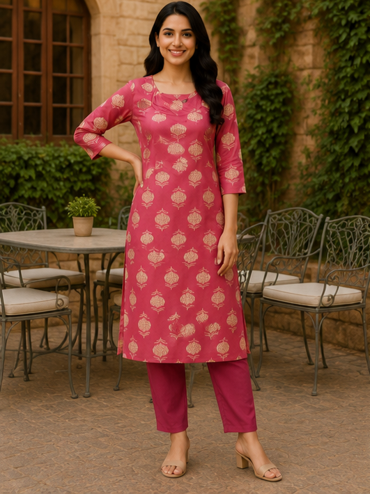Rose Pink Ethnic Printed Soft Cotton Kurta for Women