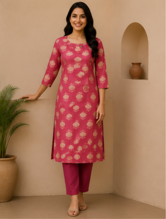 Rose Pink Ethnic Printed Soft Cotton Kurta for Women