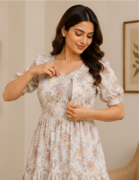 Floral Printed 3-Tier Feeding Maternity Maxi Dress – Soft Cotton Comfort