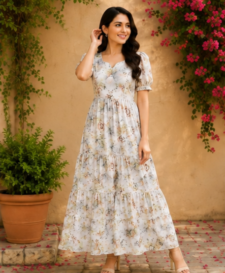 Floral Printed 3-Tier Feeding Maternity Maxi Dress – Soft Cotton Comfort