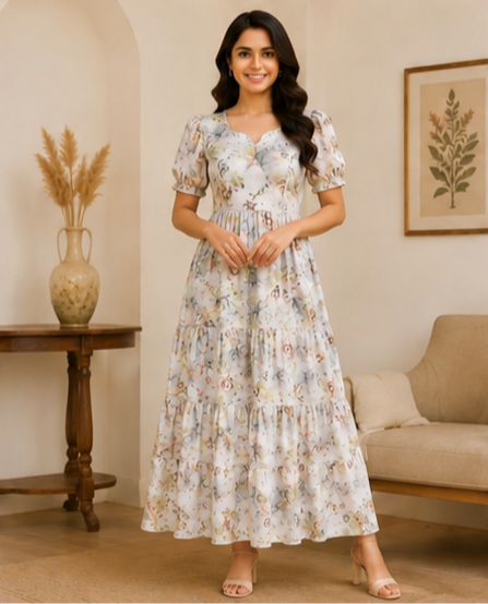 Floral Printed 3-Tier Feeding Maternity Maxi Dress – Soft Cotton Comfort