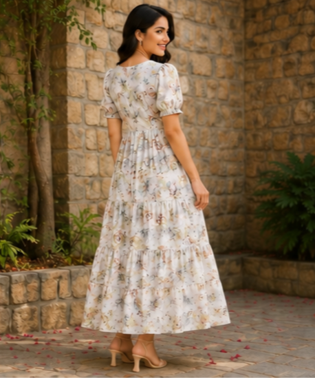 Floral Printed 3-Tier Feeding Maternity Maxi Dress – Soft Cotton Comfort