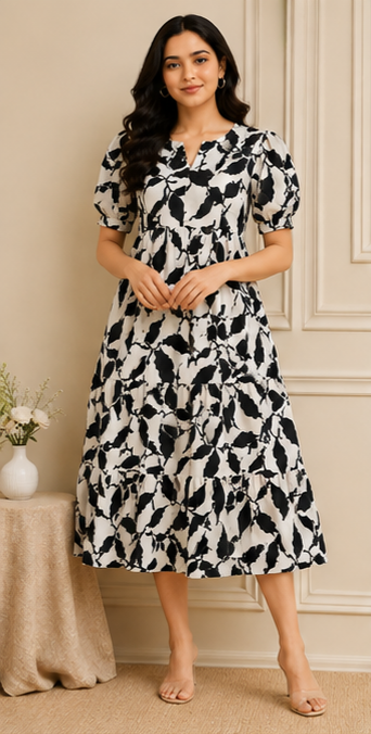Monochrome Abstract Printed 2-Tier Maxi Dress – Soft Cotton Elegance