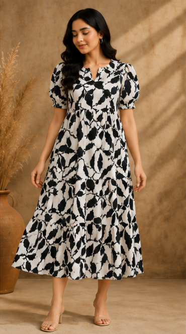 Monochrome Abstract Printed 2-Tier Maxi Dress – Soft Cotton Elegance